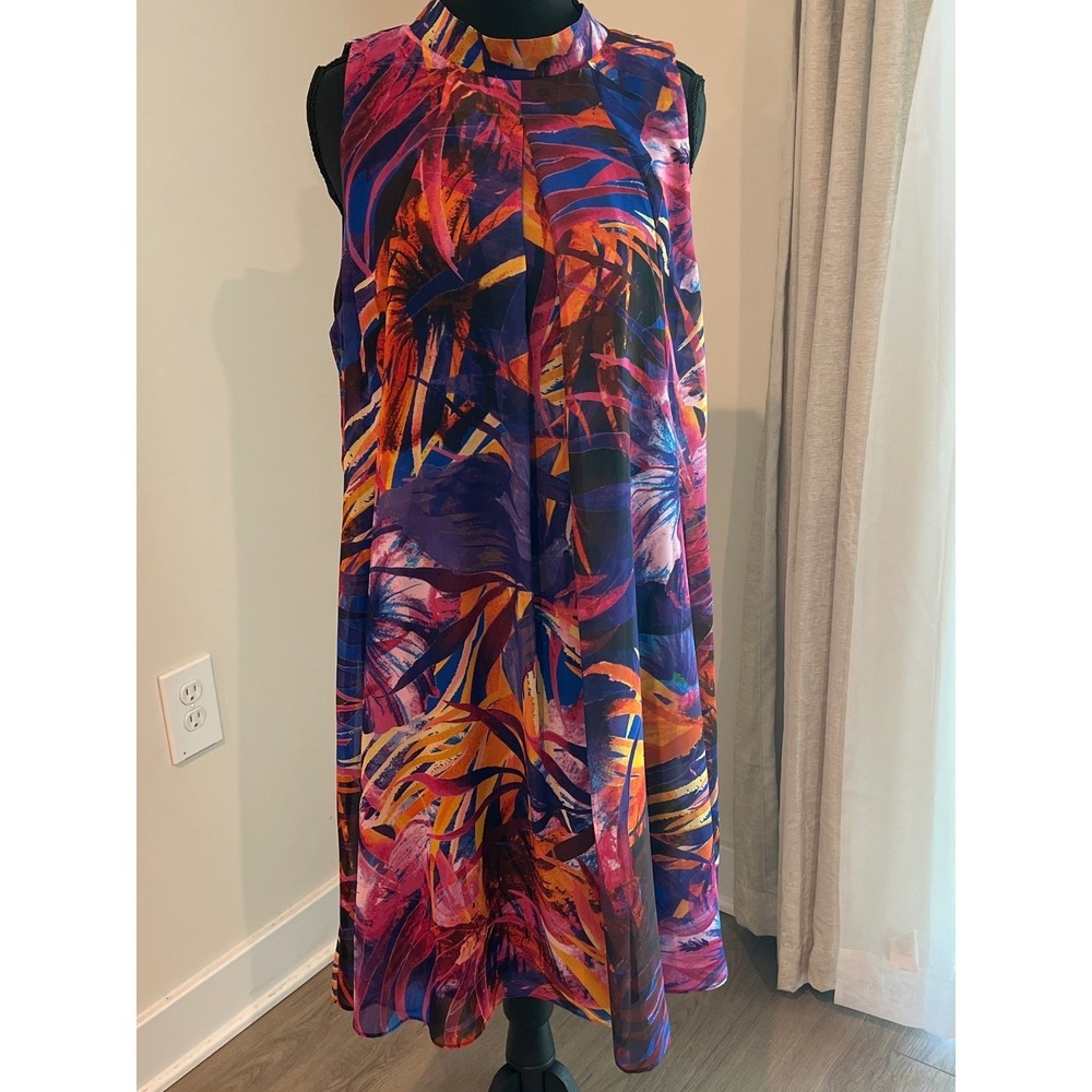 Signature by Robbie Bee Tropical‎ Palm Print Tie Back With Scarf Shift Dress 14